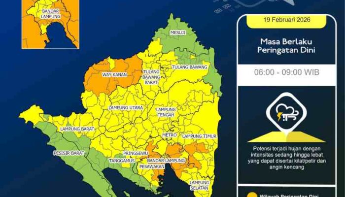 BMKG Lampung Menginformasikan Kondisi Cuaca 19 Februari 2026 Hingga Pukul 09.00 WIB